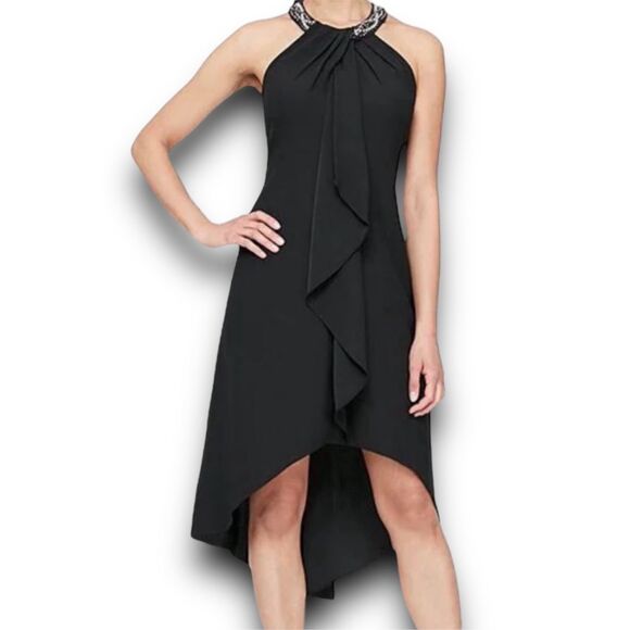 Ignite Evenings Petite Size Satin Back Crepe Beaded High-Low Halter Neck Sleevel - Picture 11 of 12